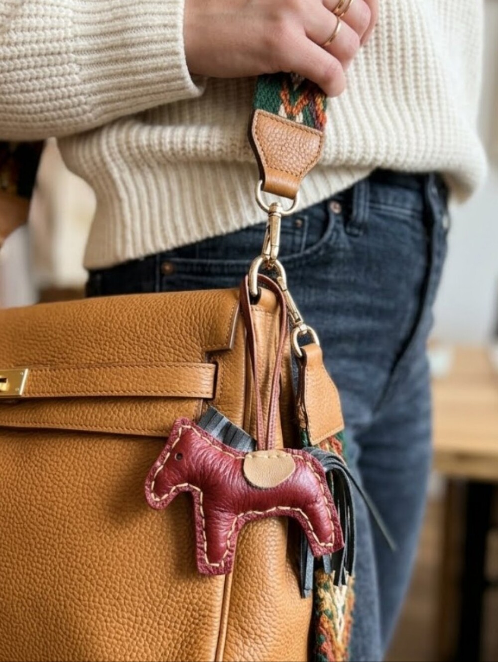 Handmade Genuine Leather Horse Purse Charm- Red/Tan/Gunmetal